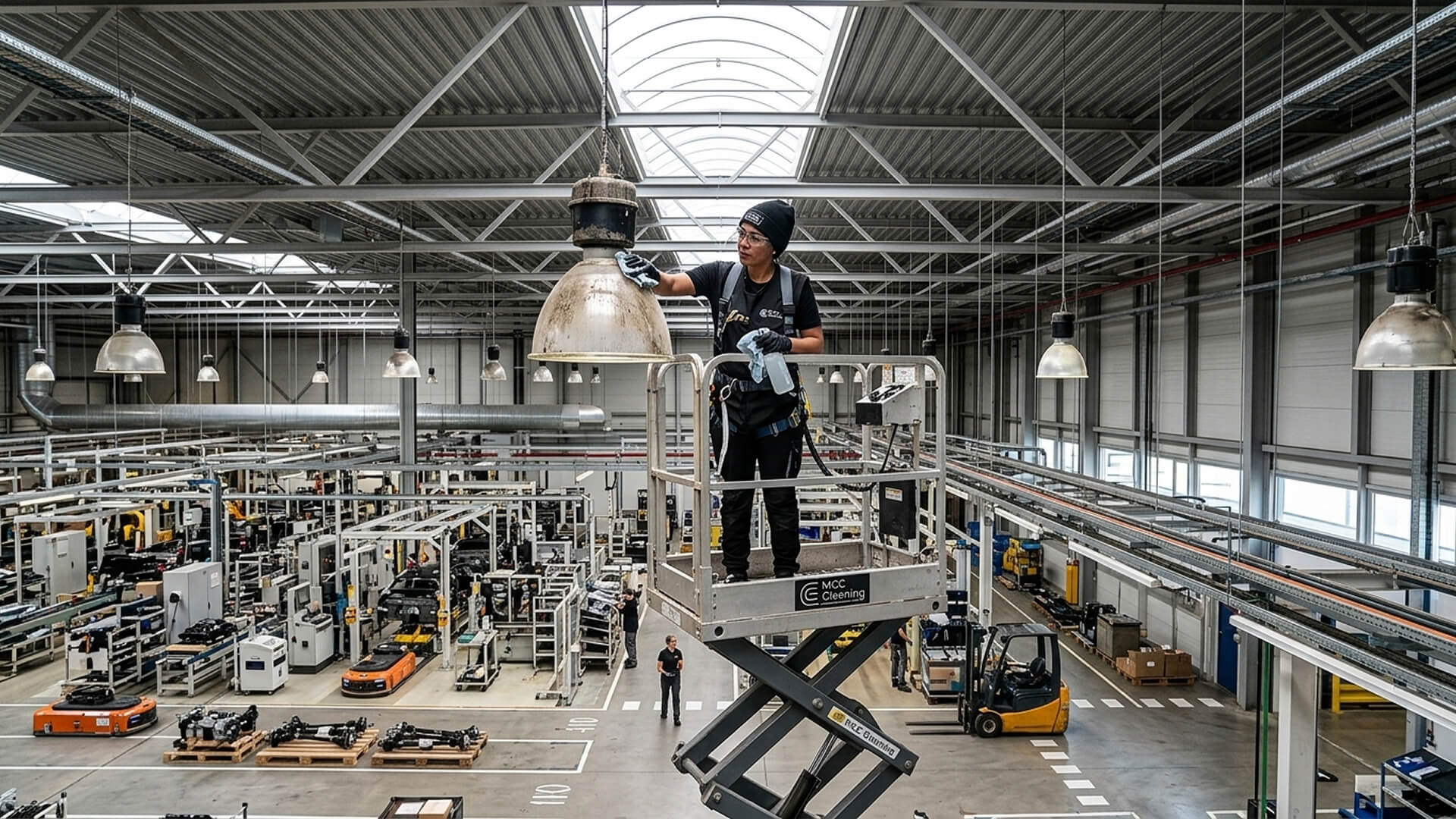 Ook moeilijk bereikbare verlichting wordt schoongemaakt bij een industriële reiniging.