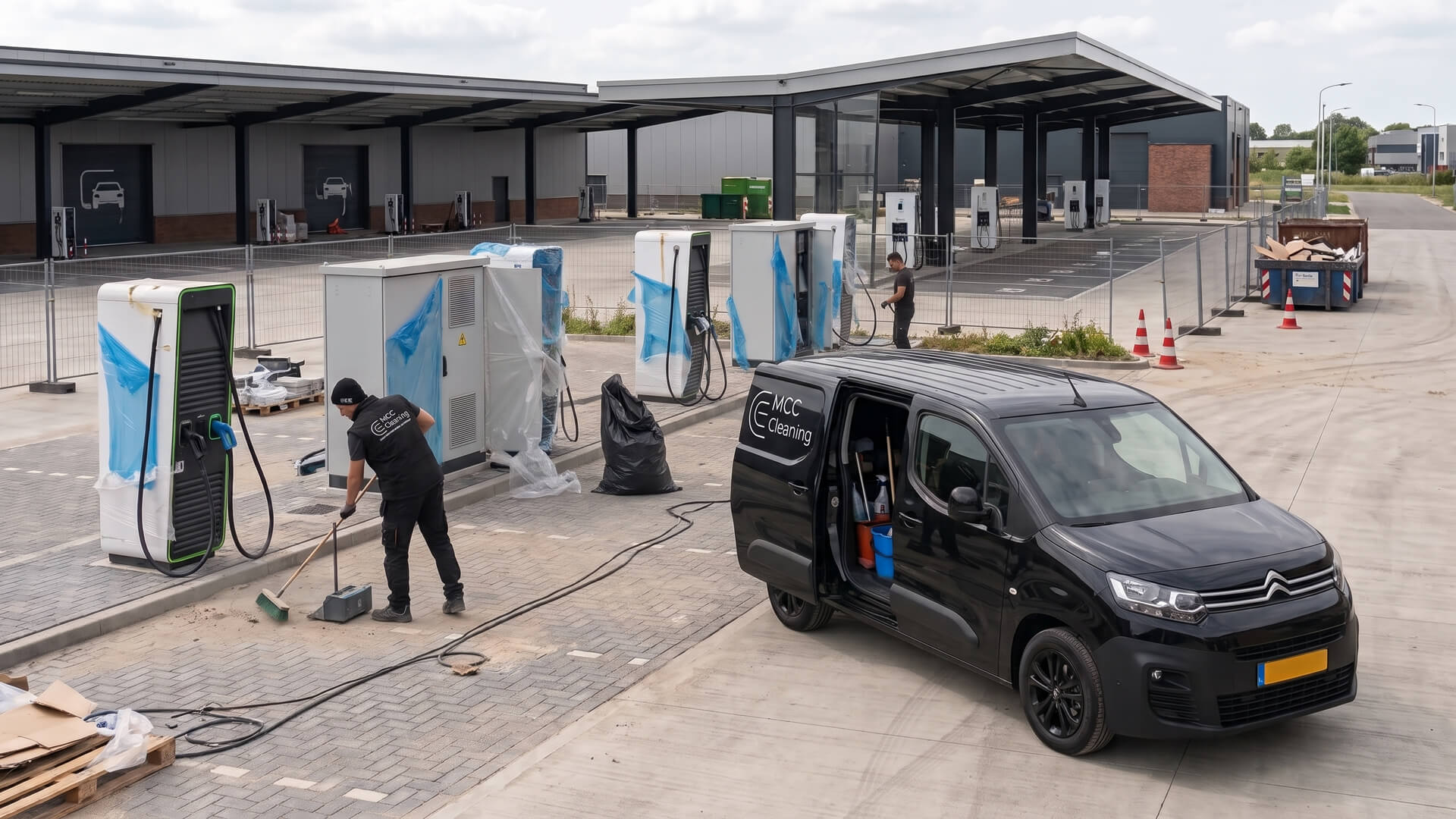 Bij de bouwschoonmaak van deze E-hub werd o.a. het plastic en zand afgevoerd.