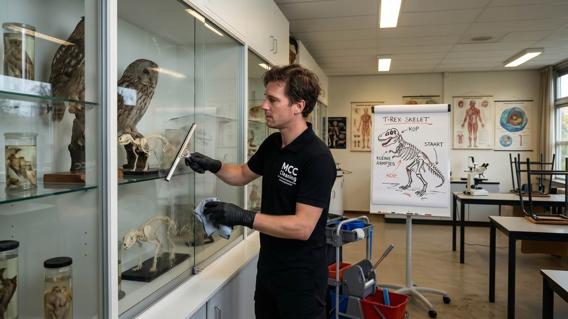 Een schoonmaker reinigt de ramen van een vitrinekast in een biologielokaal